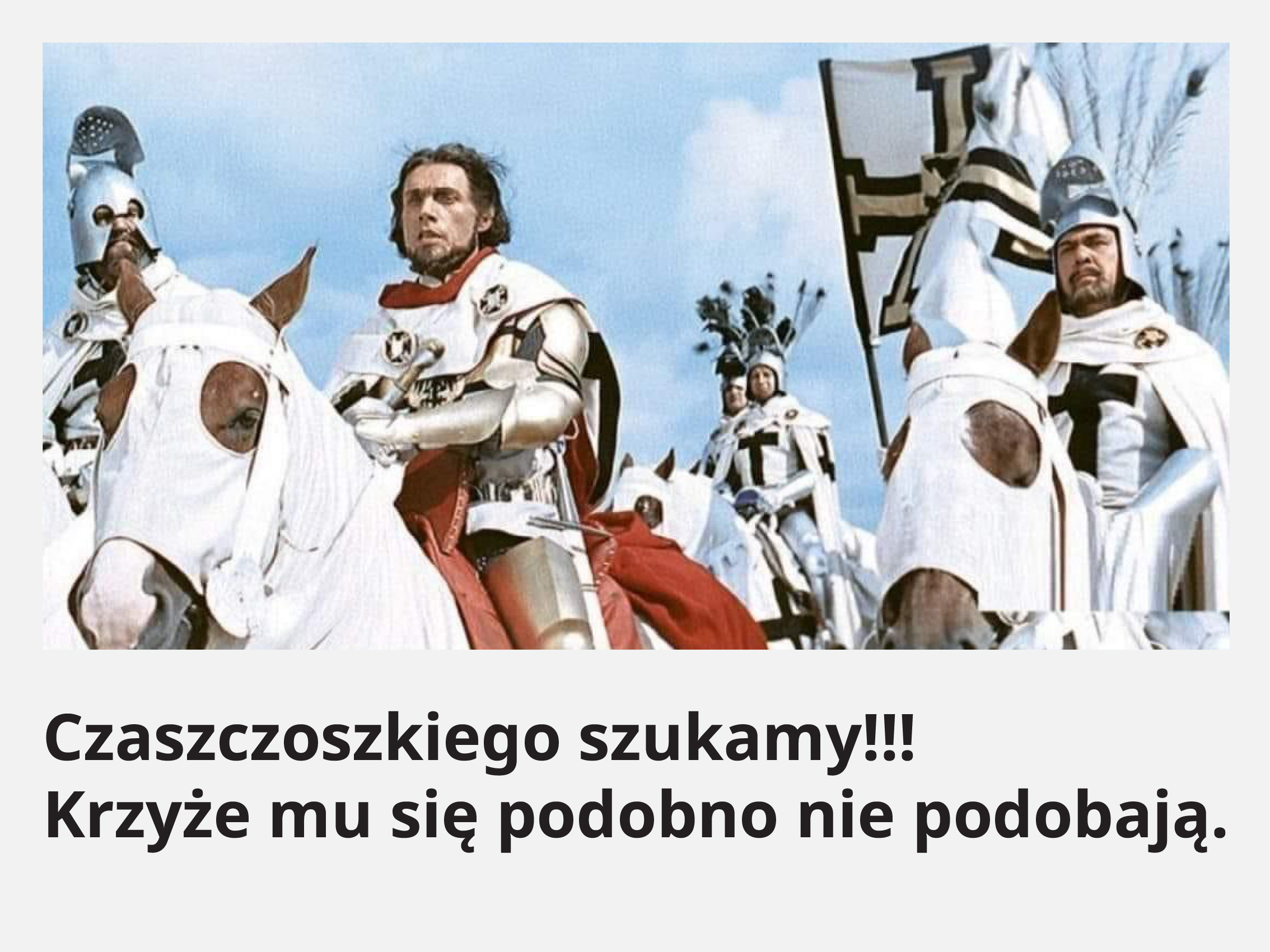 Krzyżacy udajacy się do Trzaskowskiego z zapytaniem, czemu mu się krzyże nie podobaja.