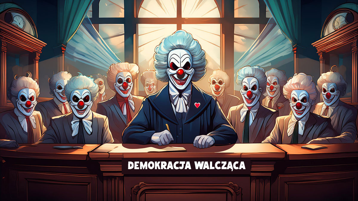 Sala sędziów w maskach clownów.